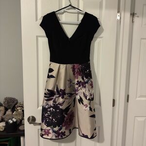 Le Chateau Black and Cream Floral Midi Dress
